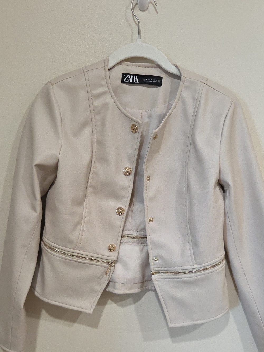 Zara Cream Faux Leather  Jacket with Gold Buttons and Zip Pockets